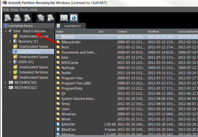 Active@ Partition Recovery displays information about RAID0 and partitions located on it